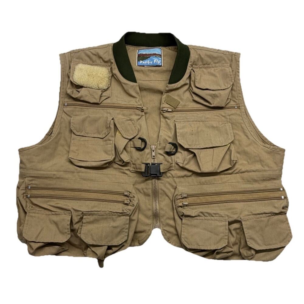 Pacific Fly Utility Fishing Vest Mens Size Large Brown Khaki Lots Of Pockets